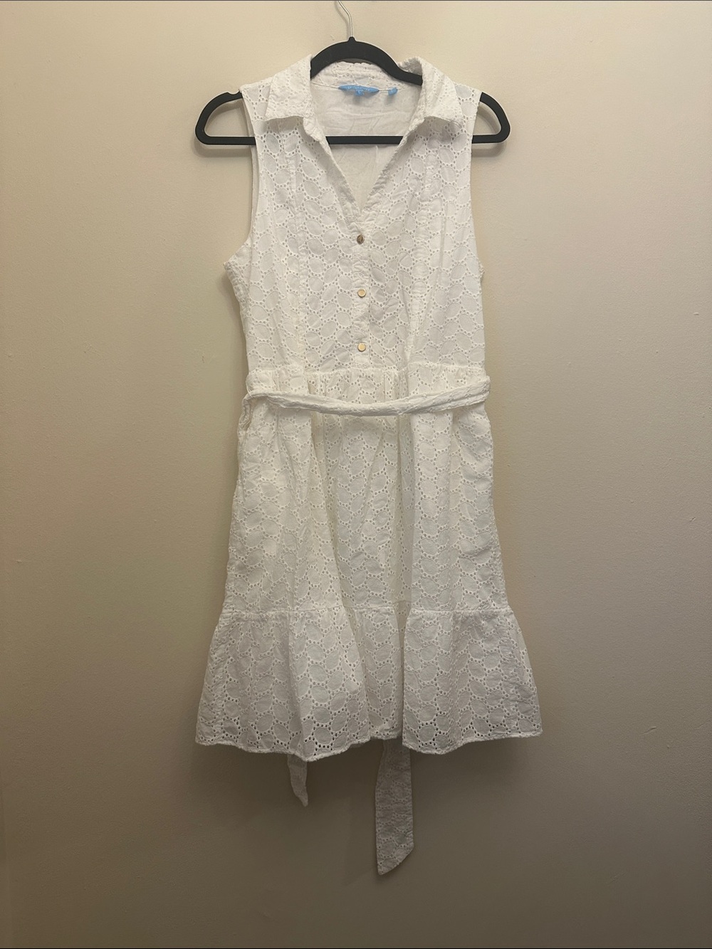 Draper James RSVP White Eyelet Sleeveless Collared Midi Dress w/ Tie Waist Sz L